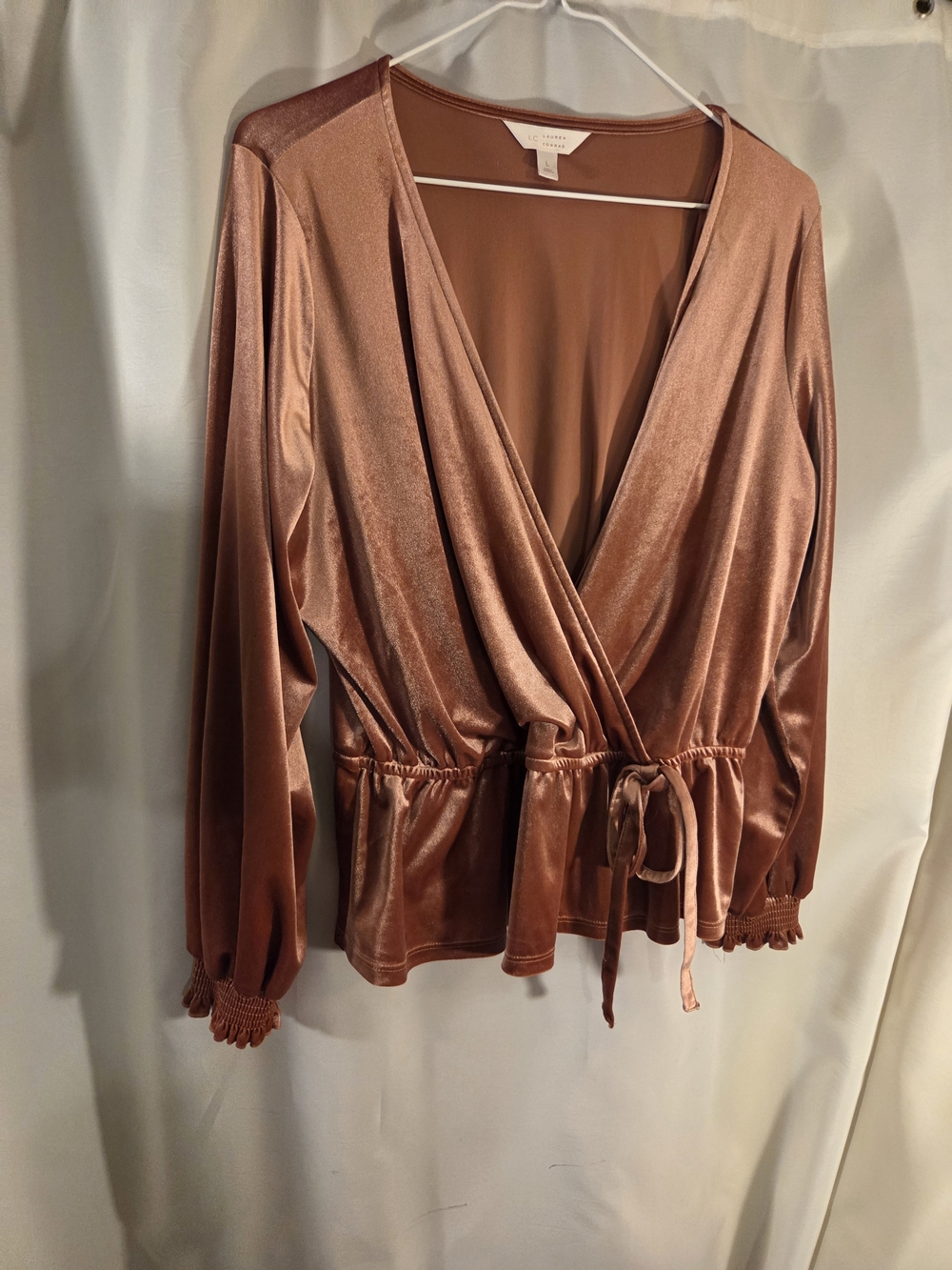 LC Lauren Conrad Rose Gold Velvet Wrap Blouse with Tie